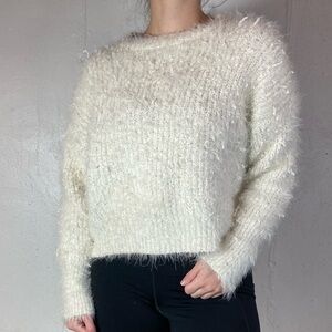Fuzzy White Winter Cropped Knit Sweater